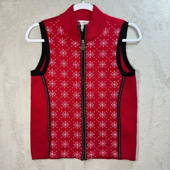 Christopher & Banks Zip Up Knit Holiday Sweater Vest Red Snowflake Size SP - Picture 1 of 9